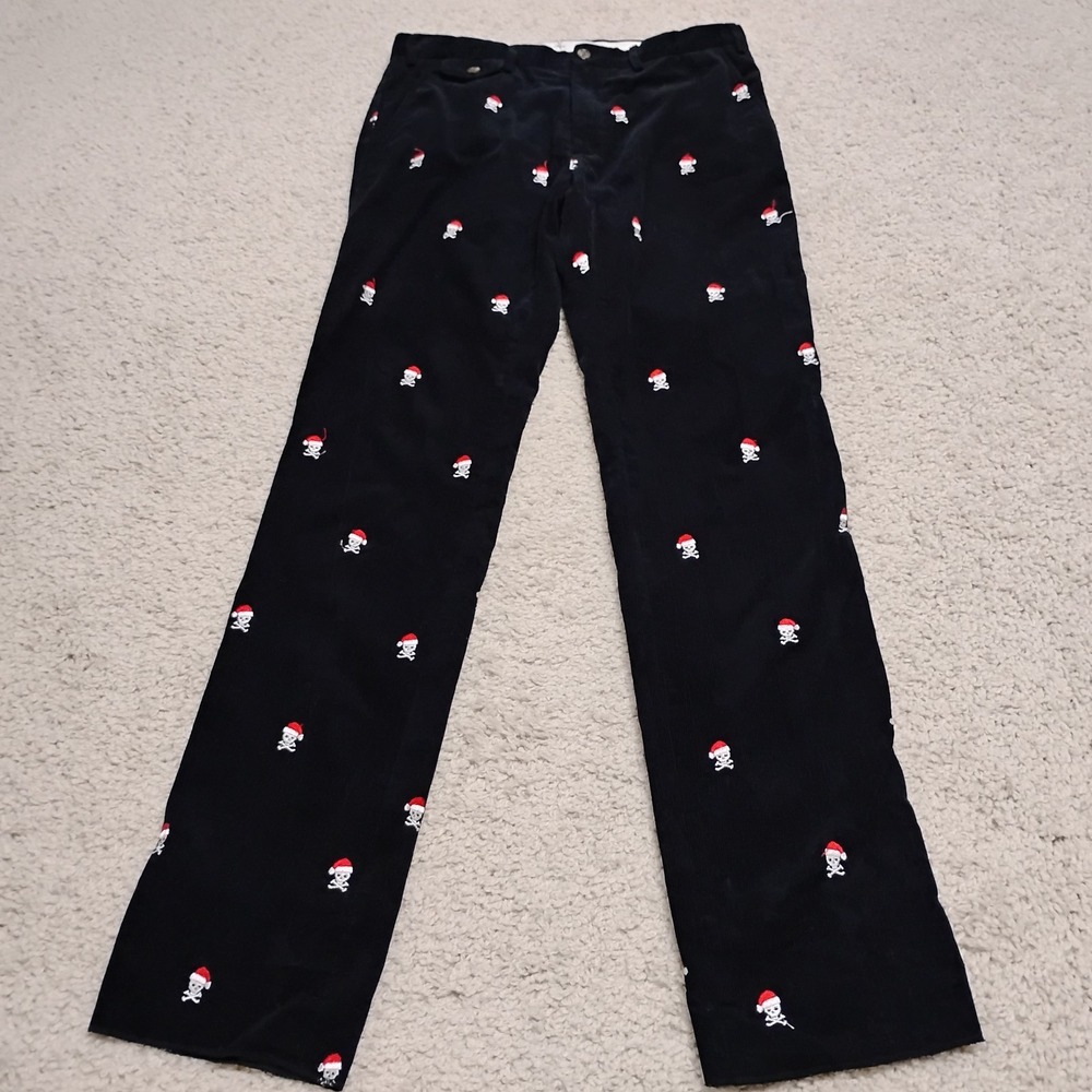 J McLaughlin Pants Mens 33x35 Black Corduroy Embroidered Party Skull Santa